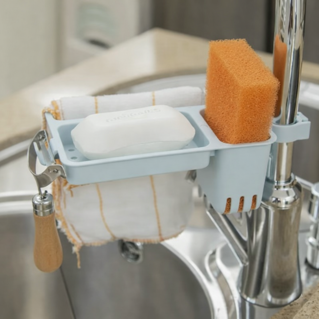 All-in-One Sink Caddy: Sponge, Soap & Cloth Drain Rack for Faucet Storage