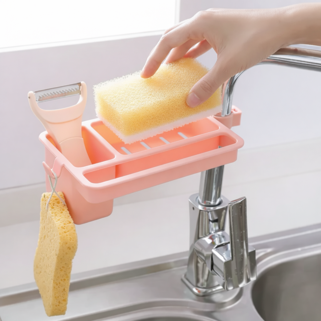 All-in-One Sink Caddy: Sponge, Soap & Cloth Drain Rack for Faucet Storage