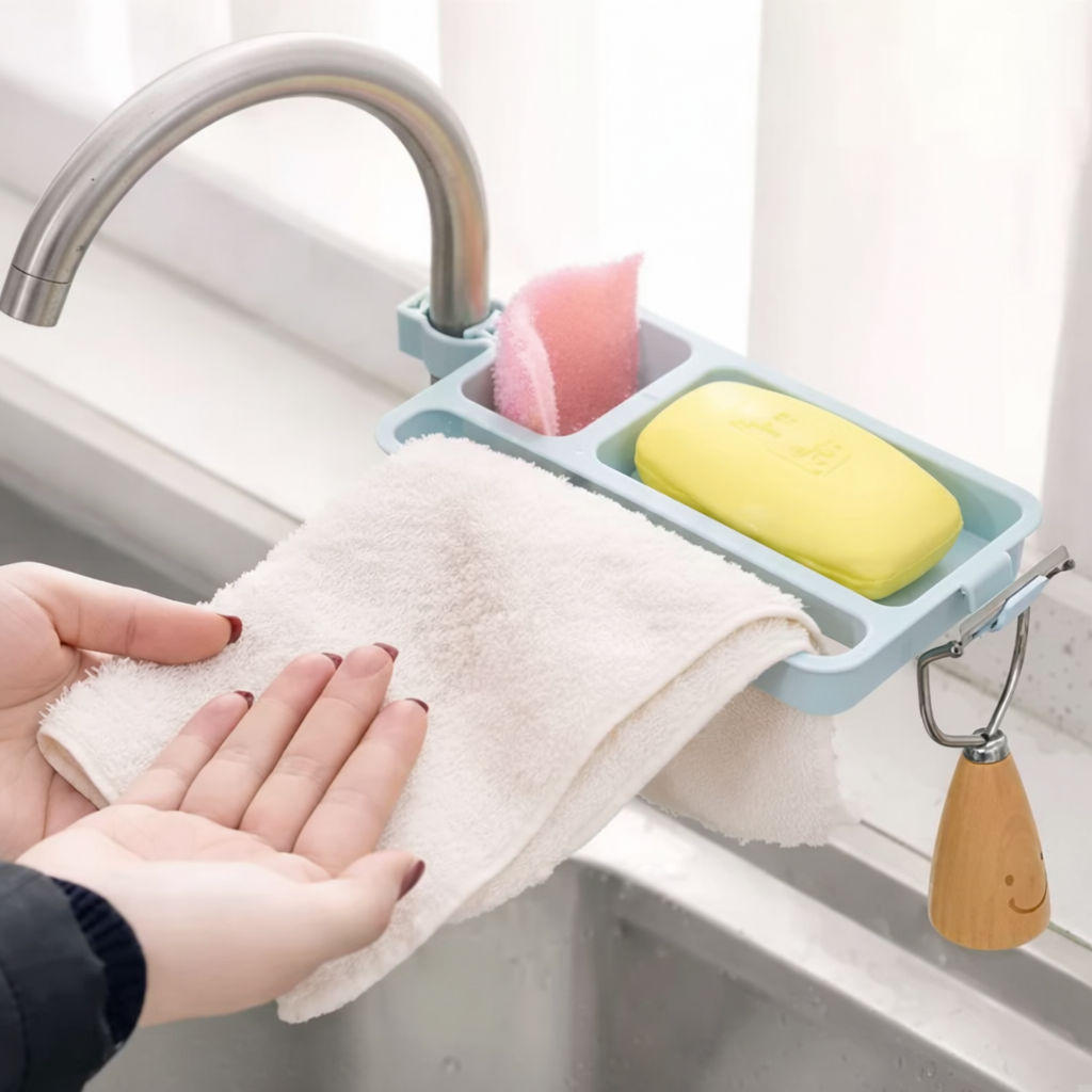 All-in-One Sink Caddy: Sponge, Soap & Cloth Drain Rack for Faucet Storage