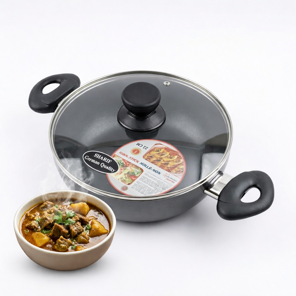 Premium Non-Stick Deep Frying Wok with Glass Lid – 22cm
